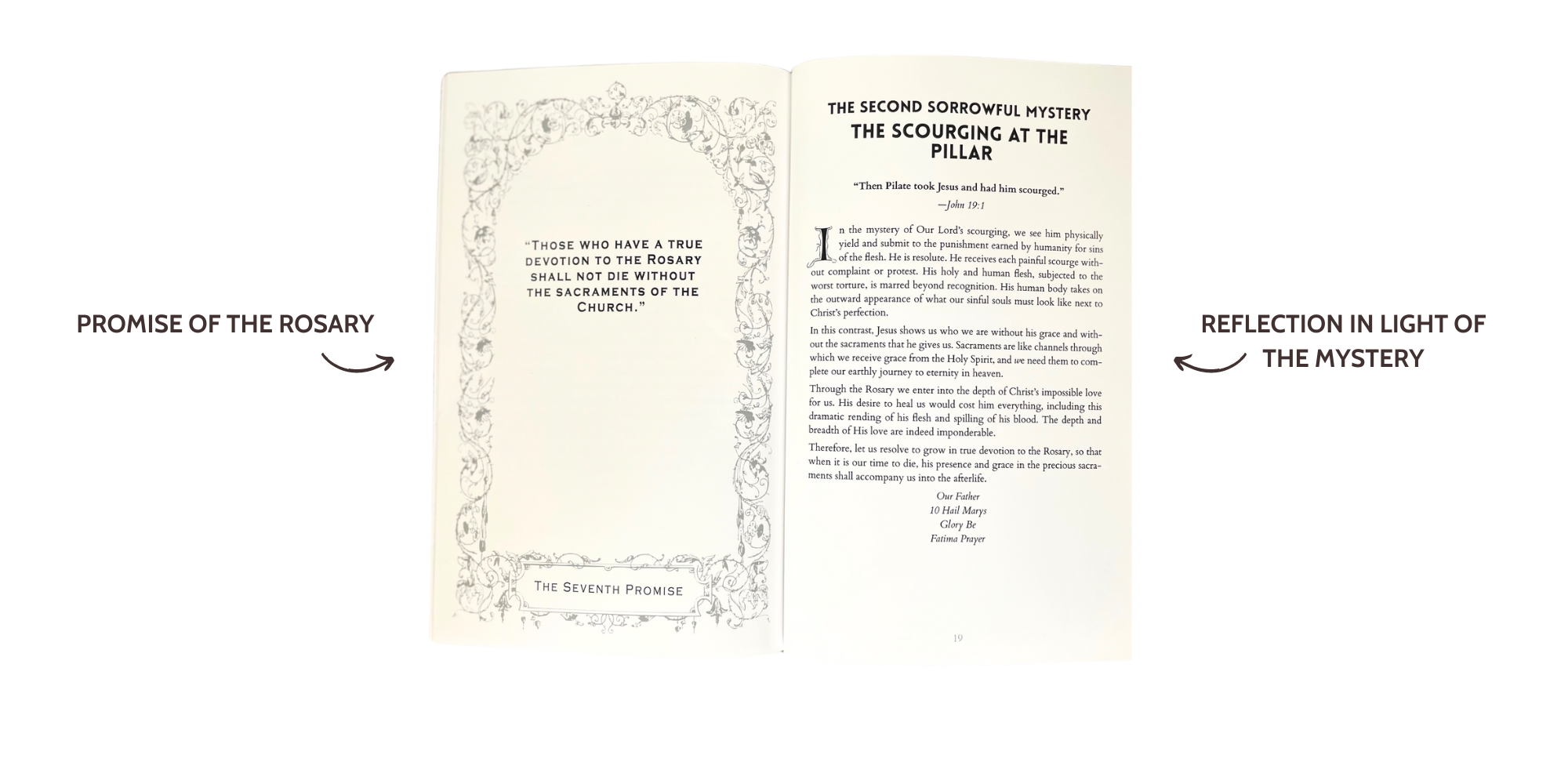 Inside look at Praying the Promises of the Rosary, the Second Sorrowful Mystery the Scourging at the Pillar book page, with the words "Promise of the Rosary" and "Reflection in Light of the Mystery" written on the sides