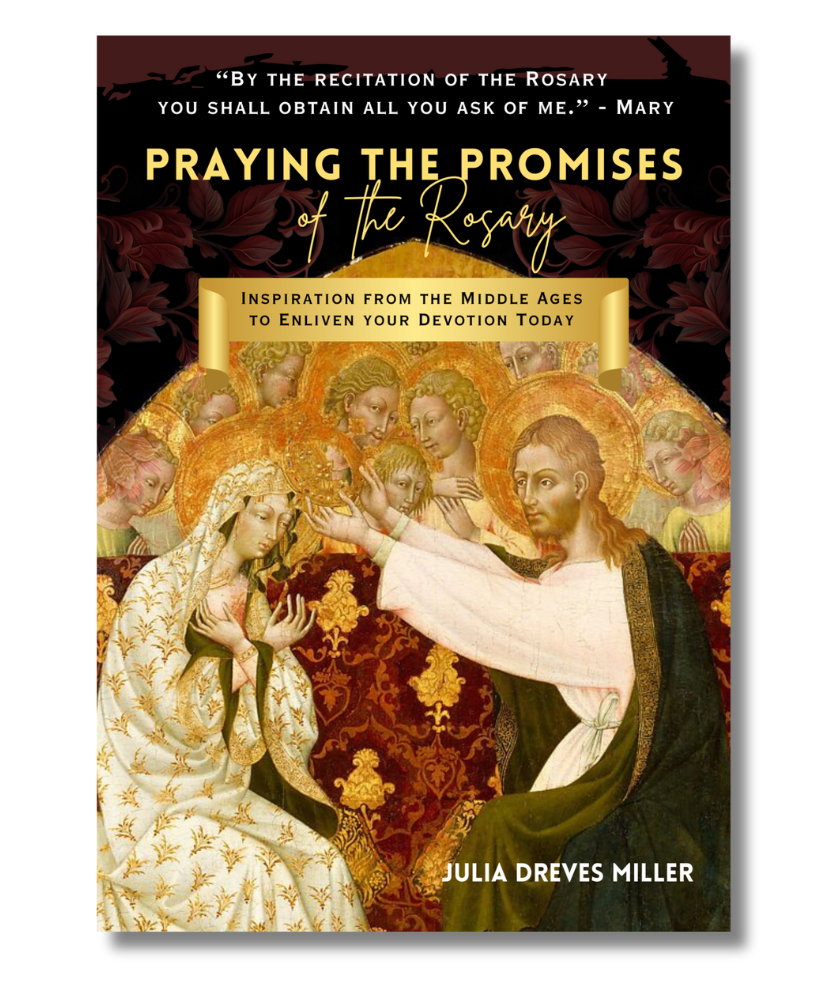 Front cover of Praying the Promises of the Rosary featuring an image of Jesus crowning Mary before the angels