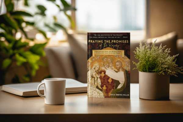 Praying the Promises of the Rosary book sitting on a coffee table next to a mug and plant