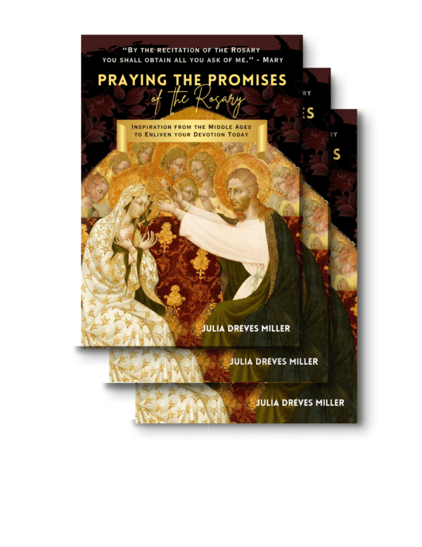 Image with a stack of three copies of Praying the Promises of the Rosary